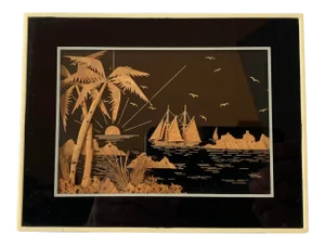 Ocean View Tropical Scene With Masted Ship Done in Cork Within a Celluloid Faux Ivory Frame