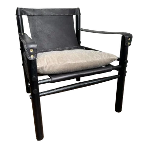 Lee Industries Phoenix Black Leather and Taupe Mohair Cushion Director's Lounge Chair