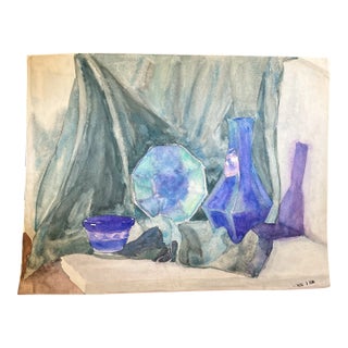 1930’s Original Still Life Tabletop Arrangement With Pots Still Life Watercolor Painting For Sale