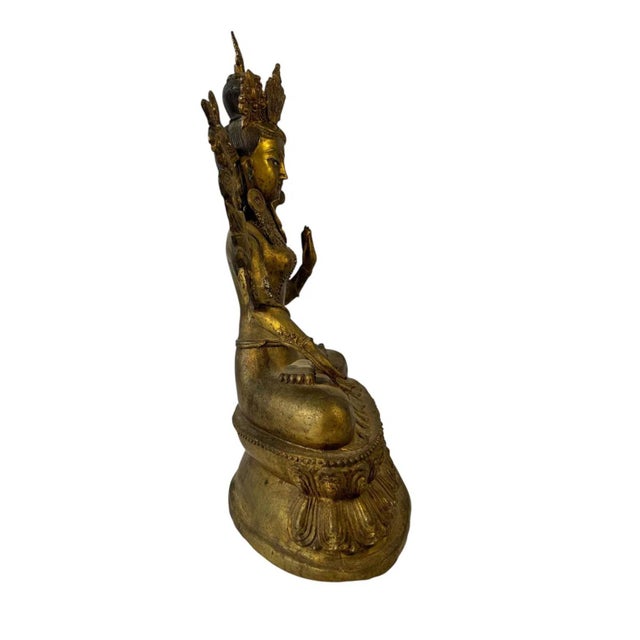 Large Antique Nepali Gilt Bronze Green Tara Sculpture, Late 18th–Early 19th Century For Sale - Image 4 of 12
