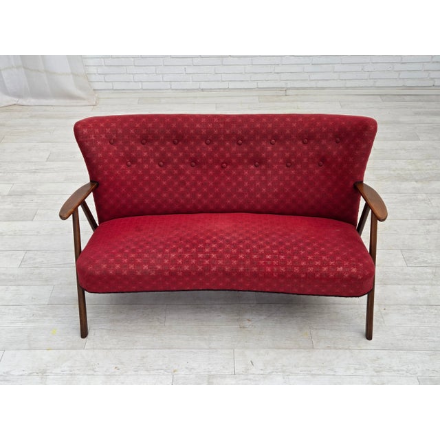 Wood Danish 2-Seater Sofa in Red Fabric with Beech Legs and Armrests, 1960s For Sale - Image 7 of 17