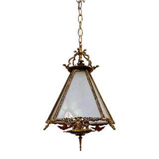 1930s Vintage Bronze Lantern With Etched Glass Panels For Sale
