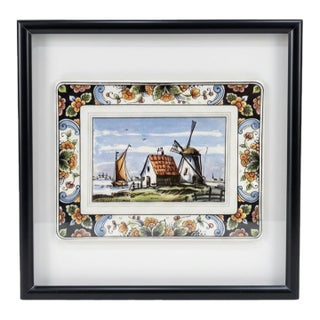 Westraven Delft Hand-Painted Dutch Landscape Plaque in Black Frame, Art 24-102 For Sale