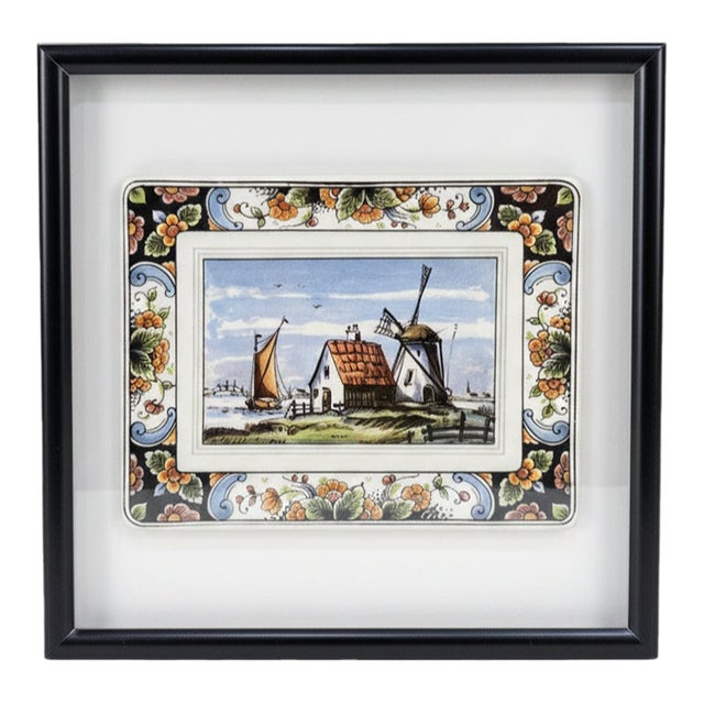 Westraven Delft Hand-Painted Dutch Landscape Plaque in Black Frame, Art 24-102 For Sale
