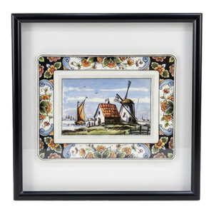 Westraven Delft Hand-Painted Dutch Landscape Plaque in Black Frame, Art 24-102