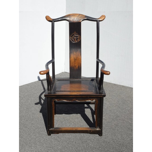 1950s Vintage Asian Chinese Brown Tall-Back Arm Chair For Sale - Image 13 of 13