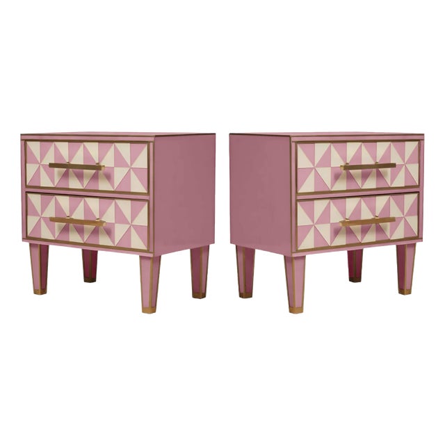 Italian Nightstands in Pink and White Murano Glass with Brass from Justfurnituress SRL, Set of 2 For Sale