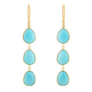 14k Gold Cabochon 11.2 Ct Turquoise Dangle Earrings for Her- A Pair For Sale