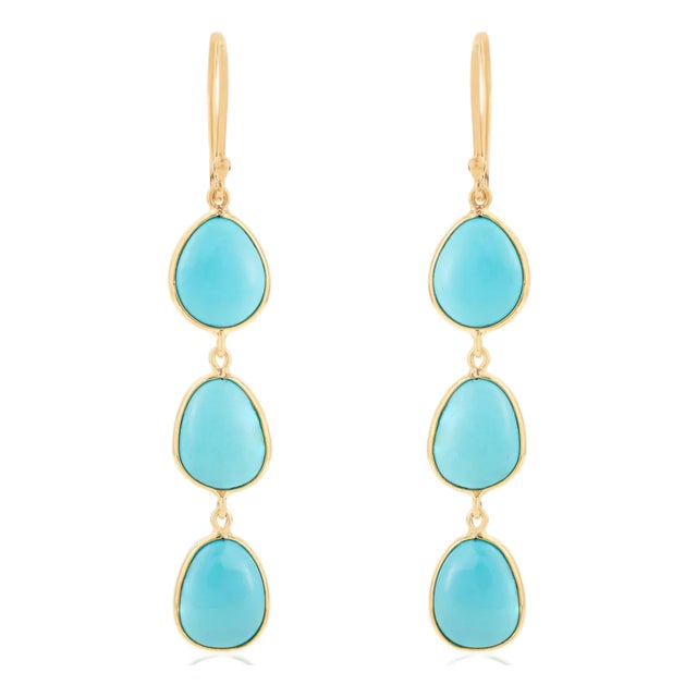 14k Gold Cabochon 11.2 Ct Turquoise Dangle Earrings for Her- A Pair For Sale