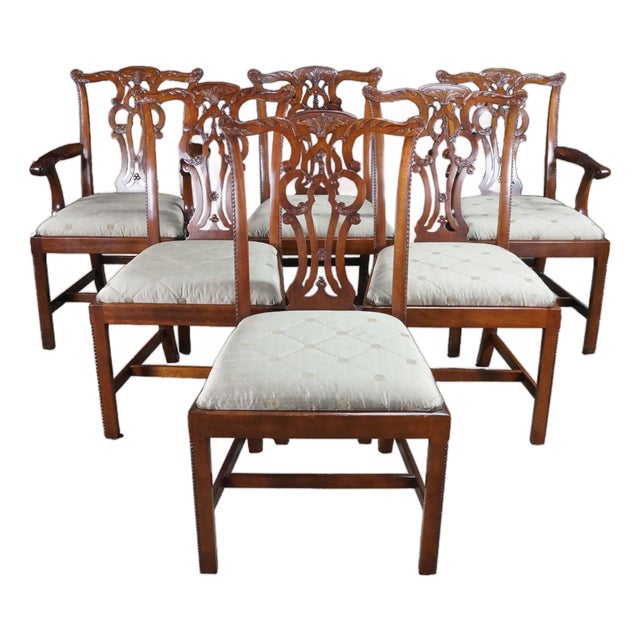 6 Late 20th Century Maitland Smith Chippendale Pierced Mahogany Dining Side Arm Chairs Silk Seats For Sale