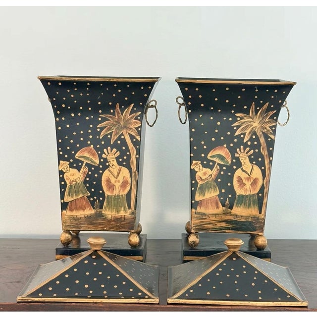 Chinoiserie Pair Vintage Chinoiserie Tole Covered Urns For Sale - Image 3 of 13