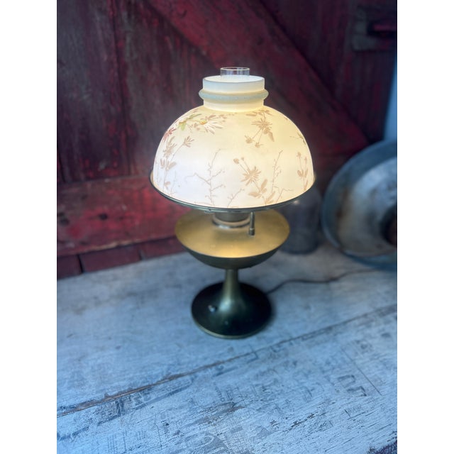 Vintage Brass Electric Lamp With Floral Glass Shade For Sale - Image 14 of 14