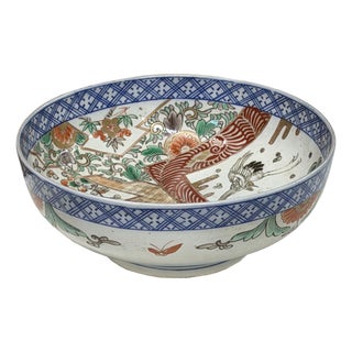 Vintage Asian Color Flower Bird Butterflies Graphic Porcelain Bowl Art For Sale