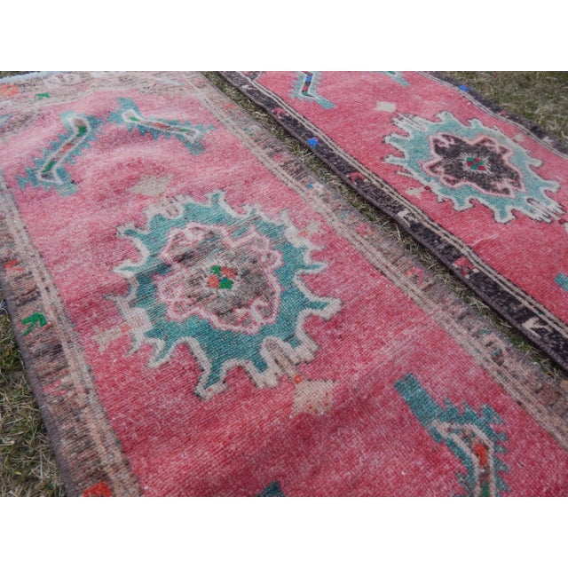 Raspberry Red Distressed Small Turkish Oushak Runner - a Pair 1'5" X 3'8" - For Sale - Image 8 of 11