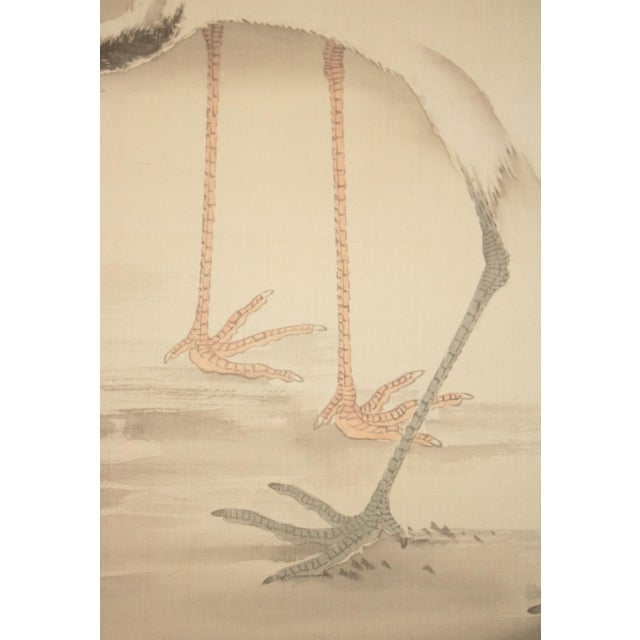 Textile "Two Cranes and the Sun", Showa Era Japanese Monochrome Silk Scroll Painting For Sale - Image 7 of 18