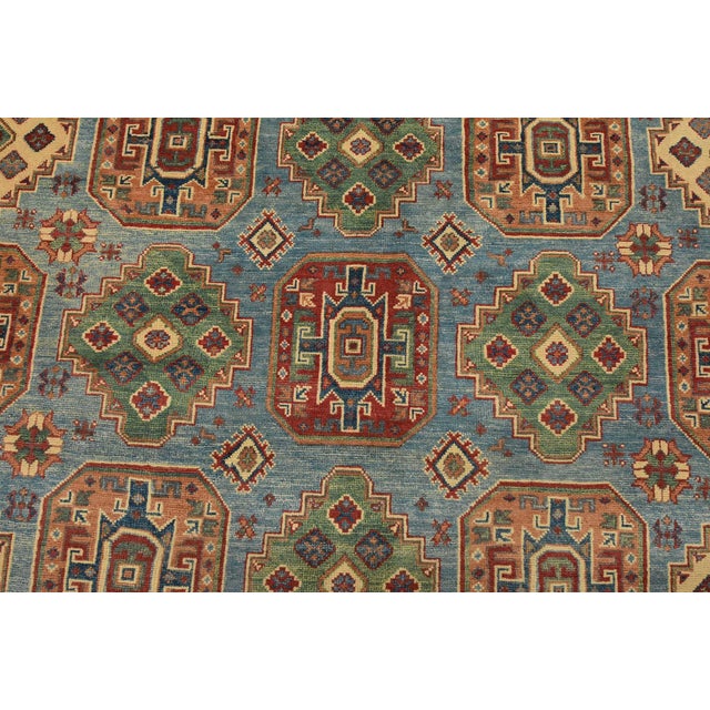 Kazak Rug 8’11” X 11’11” Blue Wool Tribal Hand-Knotted Oriental Carpet For Sale In Philadelphia - Image 6 of 14