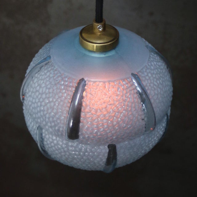 Mid-Century Modern French Art Deco Blue Reeded Glass Pendant Lamp For Sale - Image 3 of 6