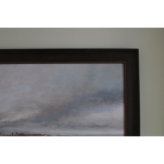 This is a new, impressionist oil painting on linen panel in shades of blue, green, ochre , burnt sienna, gray and umber...