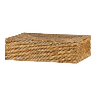 Vintage Handwoven Rattan Storage Basket with Fitted Lid in Coastal Country Style For Sale