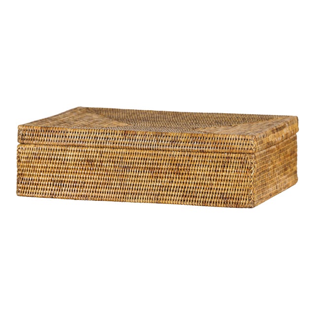 Vintage Handwoven Rattan Storage Basket with Fitted Lid in Coastal Country Style For Sale