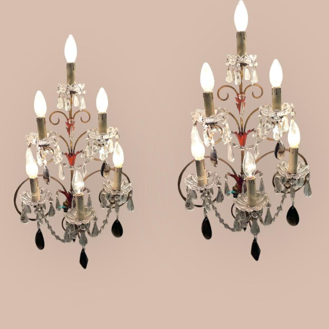 Large Florentine Tole Crystal Sconces, 1950s, Set of 2 For Sale - Image 3 of 17