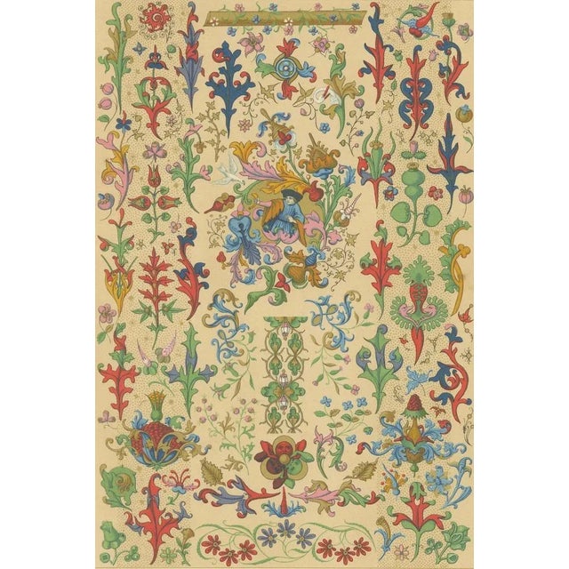 After Racinet, Medieval Floral Ornament Illuminated Manuscript Motifs, Plate XLVIII, 1869, Print For Sale - Image 6 of 10
