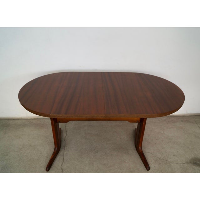1970s 1960’s Mid-Century Danish Modern Trestle Leg Extendable Oval Dining Table With Leaf For Sale - Image 5 of 12