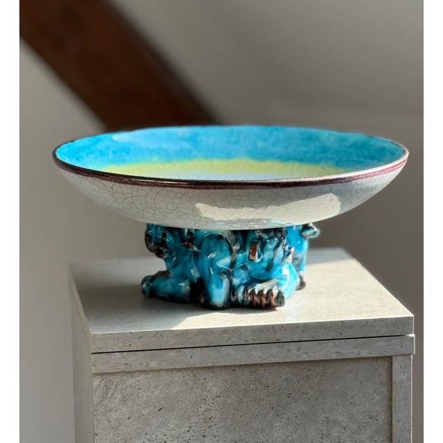 This exceptional footed bowl comes from the renowned Karlsruhe Majolica Manufactory and was designed by the sculptor...