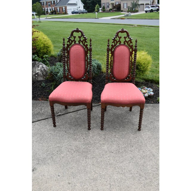 Antique Walnut Boudoir Chairs Victorian Side Spindle Carved Pair 1880s Coral For Sale - Image 12 of 12
