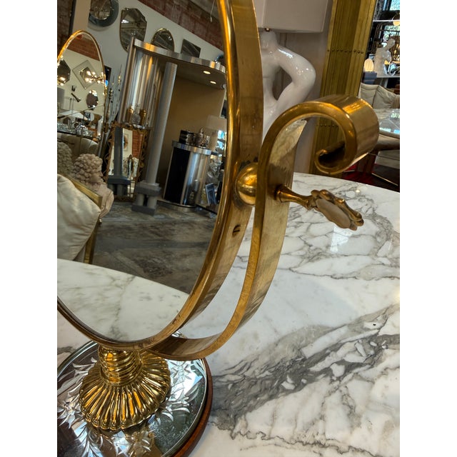 Modern Vintage Brass Vanity Mirror With Etched Glass Base and Wood Trim For Sale - Image 3 of 10