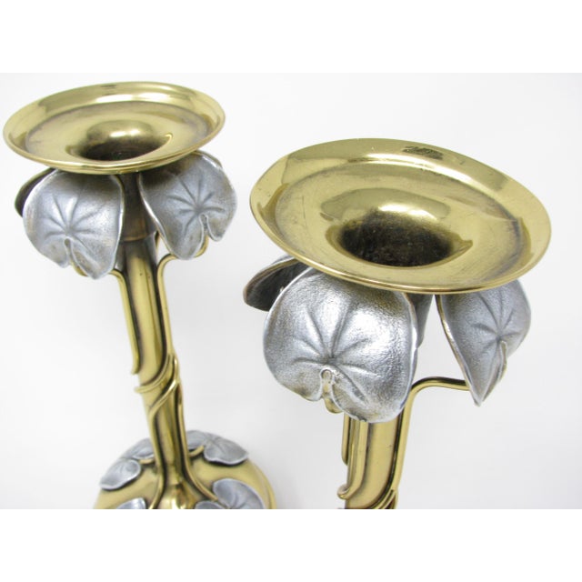 Tiffany Studios Antique Tiffany Studios Style Art Nouveau Polished Lead or Pewter and Brass Lily Pad Candle Holders - a Pair For Sale - Image 4 of 12