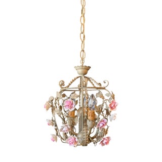 Antique Iron and Porcelain Chandelier, 1960s For Sale