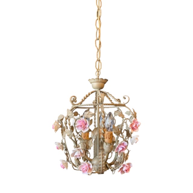 Antique Iron and Porcelain Chandelier, 1960s For Sale