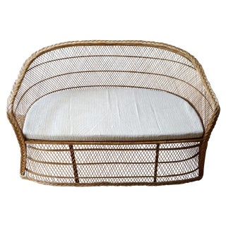 Vintage Wicker Rattan Settee Bench For Sale
