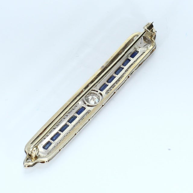 Mid 20th Century Elongated Brooch With Sapphires and Central Diamond 6.76g For Sale - Image 4 of 4