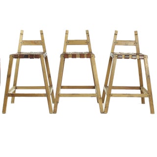 Large Wood & Leather Bar Stools, 1950s, Set of 3 For Sale