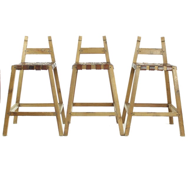 Large Wood & Leather Bar Stools, 1950s, Set of 3 For Sale