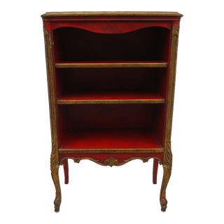 French Louis XV Style Red Lacquer and Gilt Trim Bookcase For Sale