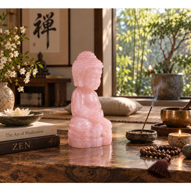 Natural Rose Quartz Baby Buddha Statue Hand Carved For Sale - Image 4 of 16