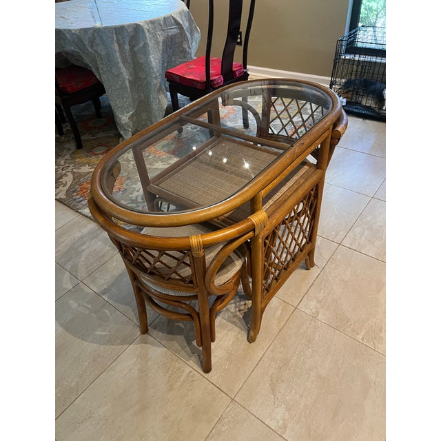 Chocolate Vintage Rattan Honeymoon Table & 2 Chairs – Nesting Bistro Set W/ Glass Top For Sale - Image 8 of 8