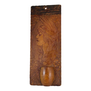 Early 20th Century Pyrography Match Holder Native American Woman Primitive Burnt Wood For Sale