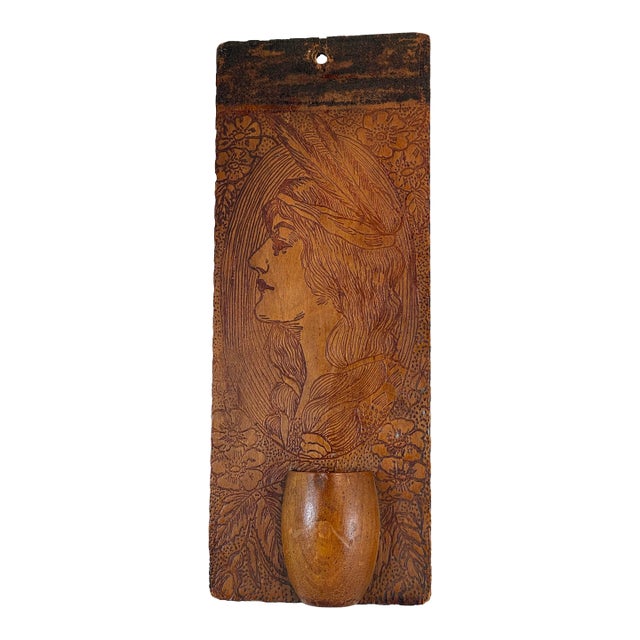 Early 20th Century Pyrography Match Holder Native American Woman Primitive Burnt Wood For Sale