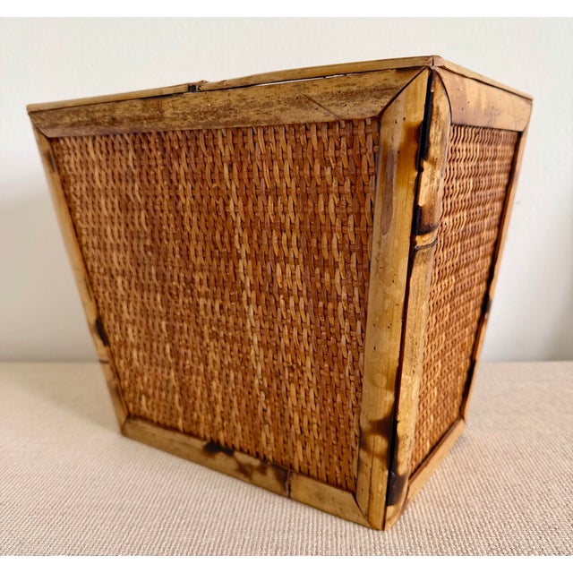 Mid 20th Century Burnt Tortoise Bamboo Woven Rattan Wastebasket For Sale - Image 5 of 9