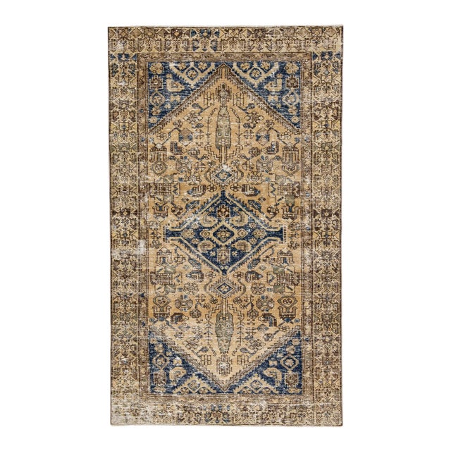 1960s Vintage Persian Distressed Handmade Tribal Beige Wool Rug For Sale