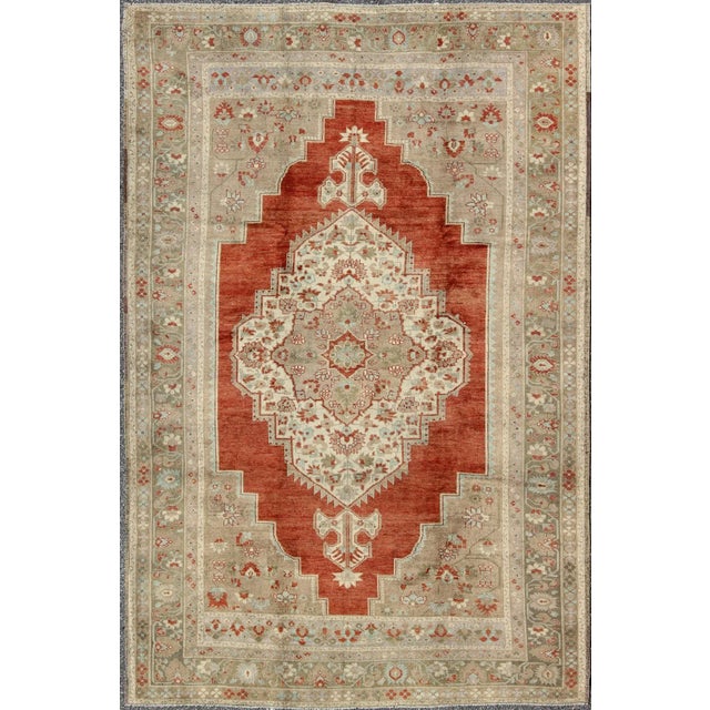Mid 20th Century Turkish Oushak Rug in Orange Red, Light Green, Warm Taupe and Cream Colors For Sale - Image 10 of 10