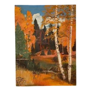 Vintage Fall Landscape Still Life Original Oil Painting, Orange, Brown, and Forest Green