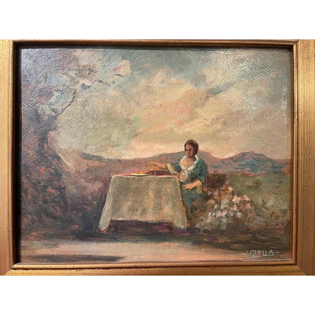 V. Zolla, Woman at the Table, 19th Century, Oil Painting on Cardboard For Sale - Image 3 of 7