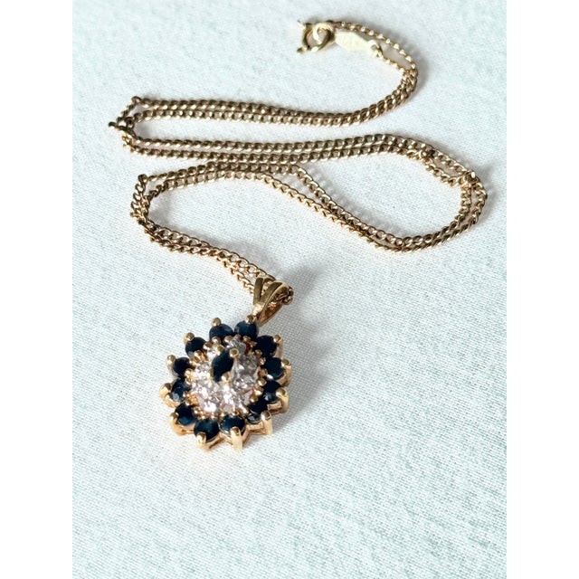 Vintage Victorian Revival Sapphire & Diamond Cluster Pendant Necklace With 14k Gold Chain For Sale - Image 13 of 16