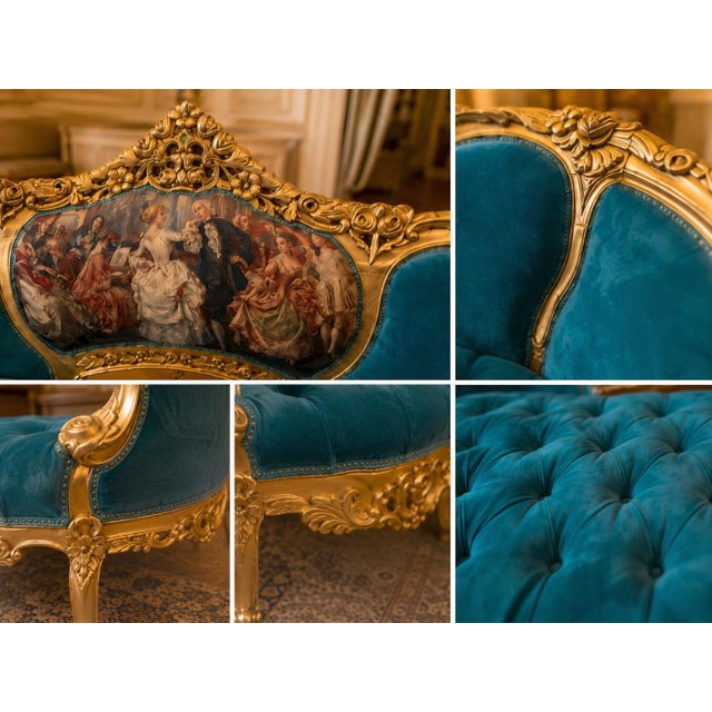 1900s French Louis XVI Blue/Green/Teal Velvet Sofa Set-5 Pc For Sale - Image 11 of 18
