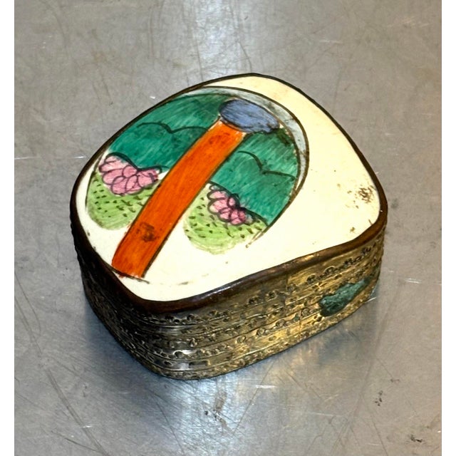 Early 1900s Chinese silverplate/hand-painted ceramic small trinket box. Some patina to metal as shown but otherwise...